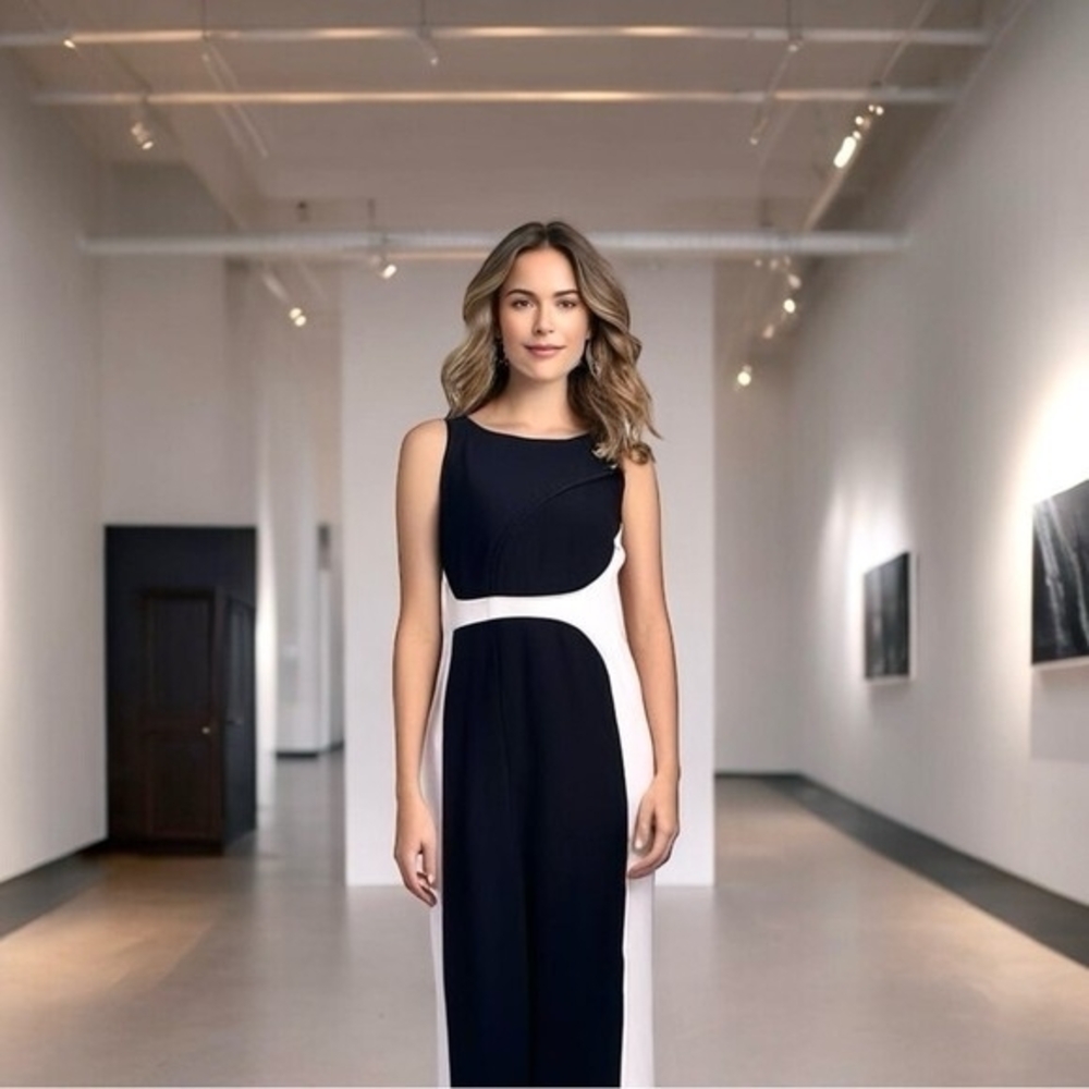 Spence Women's Black White Colorblock Sleeveless Bodycon Midi Dress 14 Stretch